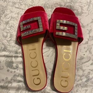 GUCCI Velvet Crystal Square G Madelyn Slide Sandal